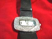 Black strap on gem embedded fashion watch with large rectangular frame