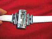 Fancy silver urban watch in trendy tiered rectangle design with white imitation leather strap