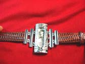 Unique urban fashion watch in silver with cz gem rectangle frame and 2 solid silver tiers attaching to brown strap