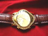 G & Q style mens fashion watch with stone embedded gold frame and brown imitation leather strap