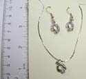 Fashion jewelry set, silver plated necklace holding C shaped pendant with a rounded clear cz on bottom, same design fish hook earring. Spring ring clasp