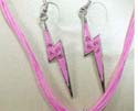 Fashion necklace and earring set. Multi pink strings necklace holding a thunder shape pendant with mini clear cz embedded, match fish hook earring in same design. Lobster claw clasp