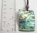 Fashion necklace with black suede string holding a rectangular shape abalone seashell at center. Adjustable for all sizes