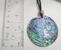 Adjustable fashion necklace holding a rounded abalone seashell in middle design with black suede string