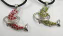 Fashion necklace with black thick cord holding a pendant in dolphin jumping in a hoop design with assorted color cz stone embedded. Silver chain extension with lobster clasp. Randomly pick by warehouse staffs