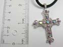 Fashion cross necklace with multi mini cz / iridescent crystal beads embedded, black thick cord string and silver chain extension with lobster clasp. Assorted color randomly pick