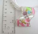 Fashion necklace with multi white strings holding cut-out wavy rectangular shape pendant with multi assorted design cat eye beads embedded. Lobster claw clasp