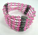 One string forming fashion hematite bracelet with multi silver beads, pink stones and faceted cylinder shape magnetic hematite beads inlaid. Works well on necklace, bracelet, choker or anklet