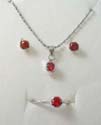 Fashion jewelry box set, silver plated chain necklace, stud earring and ring with red cz stone in rounded shape. Spring ring clasp