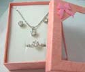 Fashion jewelry box set, silver plated necklace, stud earring and ring with a rounded clear cz stone embedded. Spring ring clasp