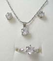 Fashion jewelry box set, silver plated necklace, stud earring and ring with a rounded clear cz stone embedded. Spring ring clasp