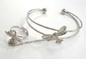 Jewelry fashion slave bangle bracelet-ring in carved-out double band design with a dragonfly pattern decor at center